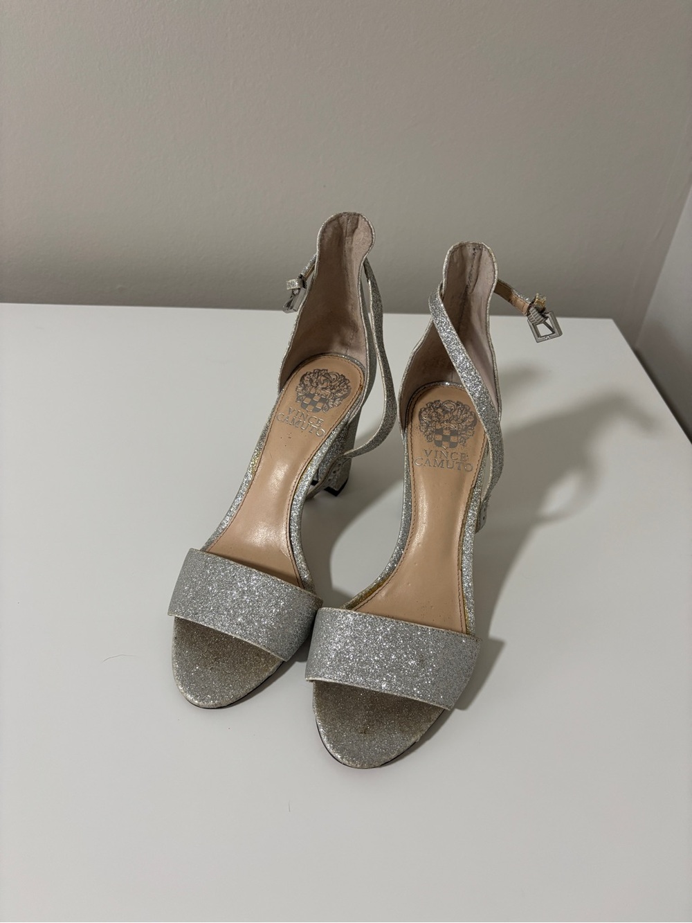 Vince Camuto Silver Glitter Block Heel Sandals